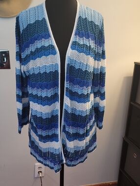 Christopher & Banks Open-Front Striped Blue Knit Cardigan